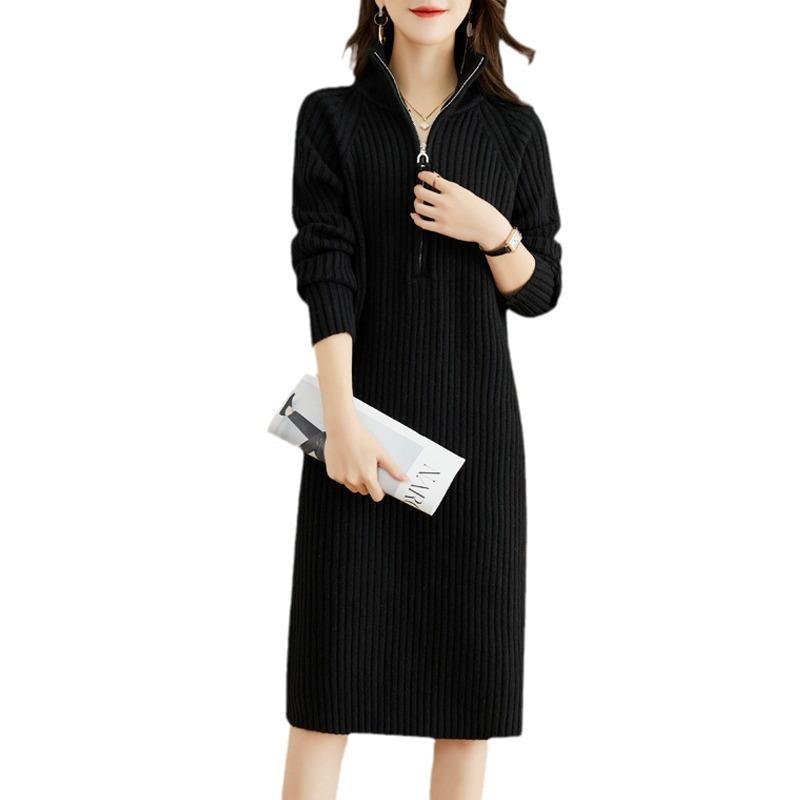 High Neck Thick Zipper Medium and Long Inner Sweater Skirt Autumn and Winter New Knitted Bottoming Dress Women
