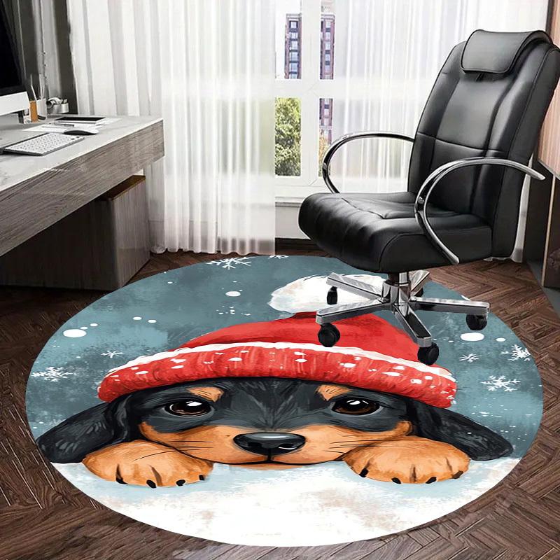 1pc Christmas puppy with Santa hat Round carpet, Made of Polyester,Office Chairs, Living Rooms, Or Bedrooms, a Cool Rug for The Living Room.ydt26039