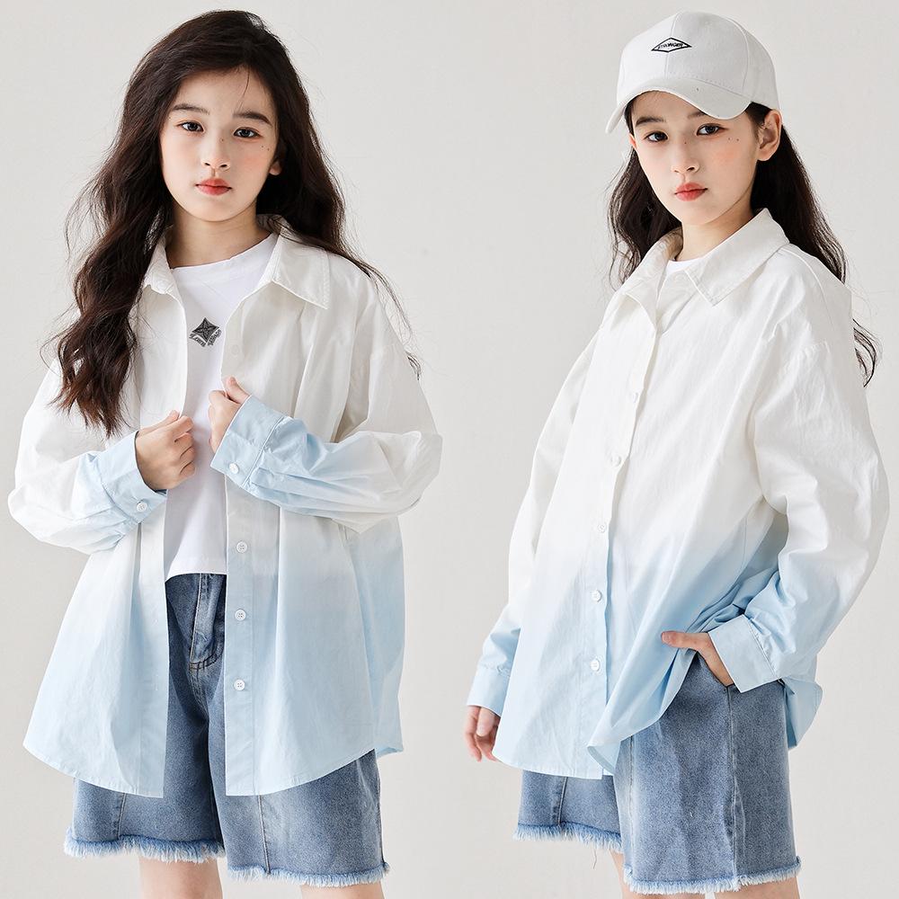 Girls' Trendy Gradient Long-Sleeve Cotton Shirt - Spring/Summer 2025, Medium/Large, Lapel Cardigan, Parent-Child Matching.