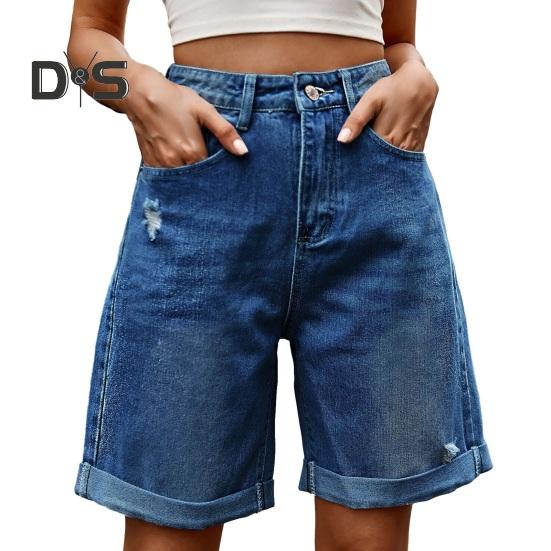 Летние женские джинсовые шорты со средней талией, длиной до колена, эластичные, повседневные, широкие, прямые, потертые, с манжетами, короткие джинсы с карманами