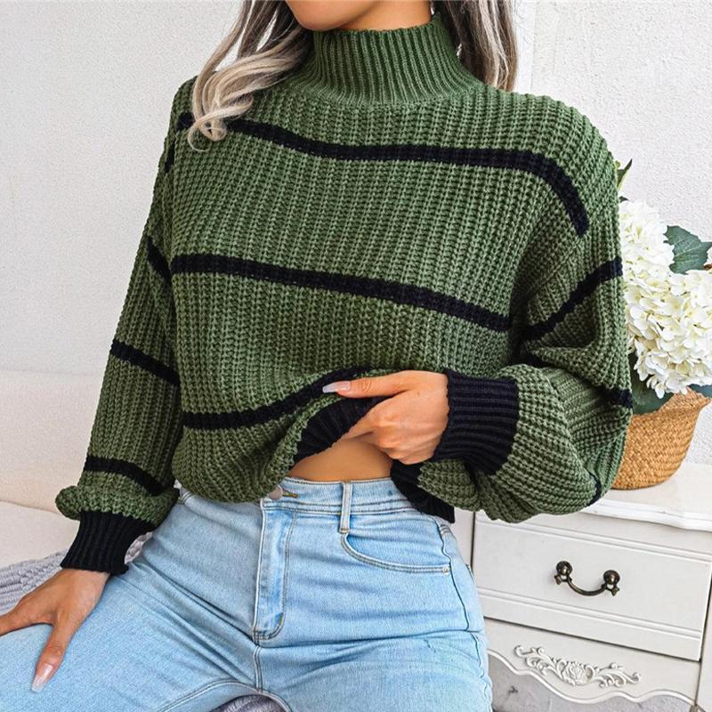 Повседневный полосатый свитер, женский свободный вязаный топ с рукавами-фонариками, полуводолазка