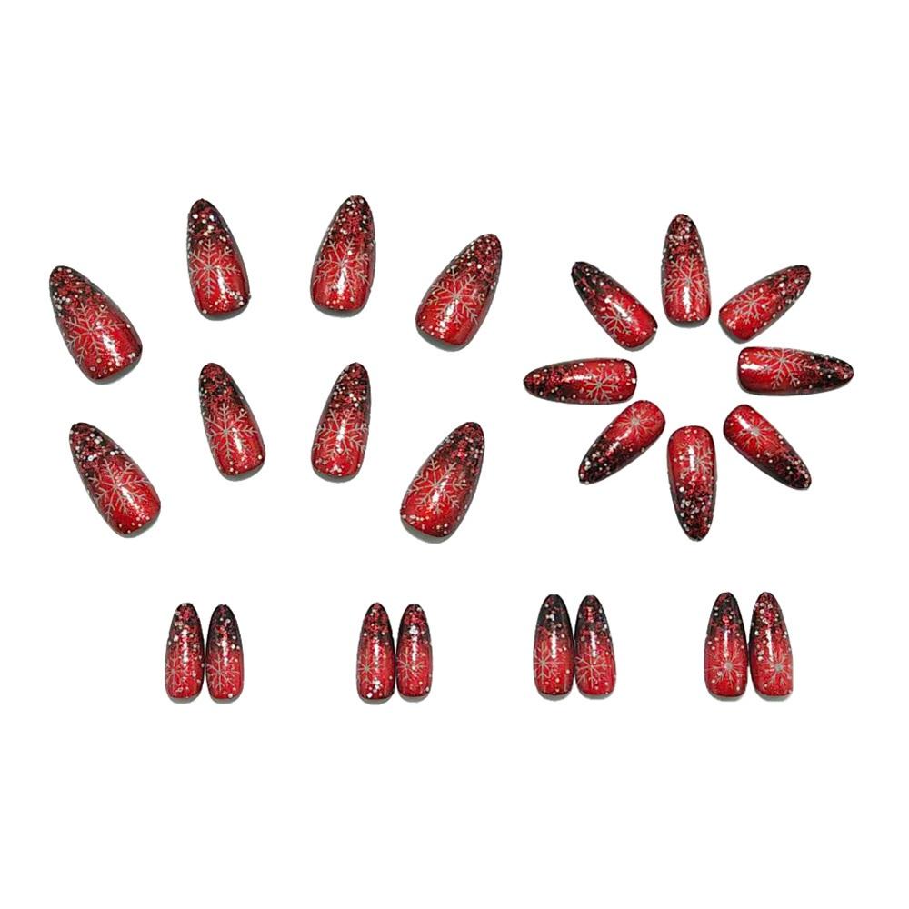 Christmas Almond-shaped Red And Black Gradient Snowflake Fake Nails Wearable Nail Patches 24 Pieces