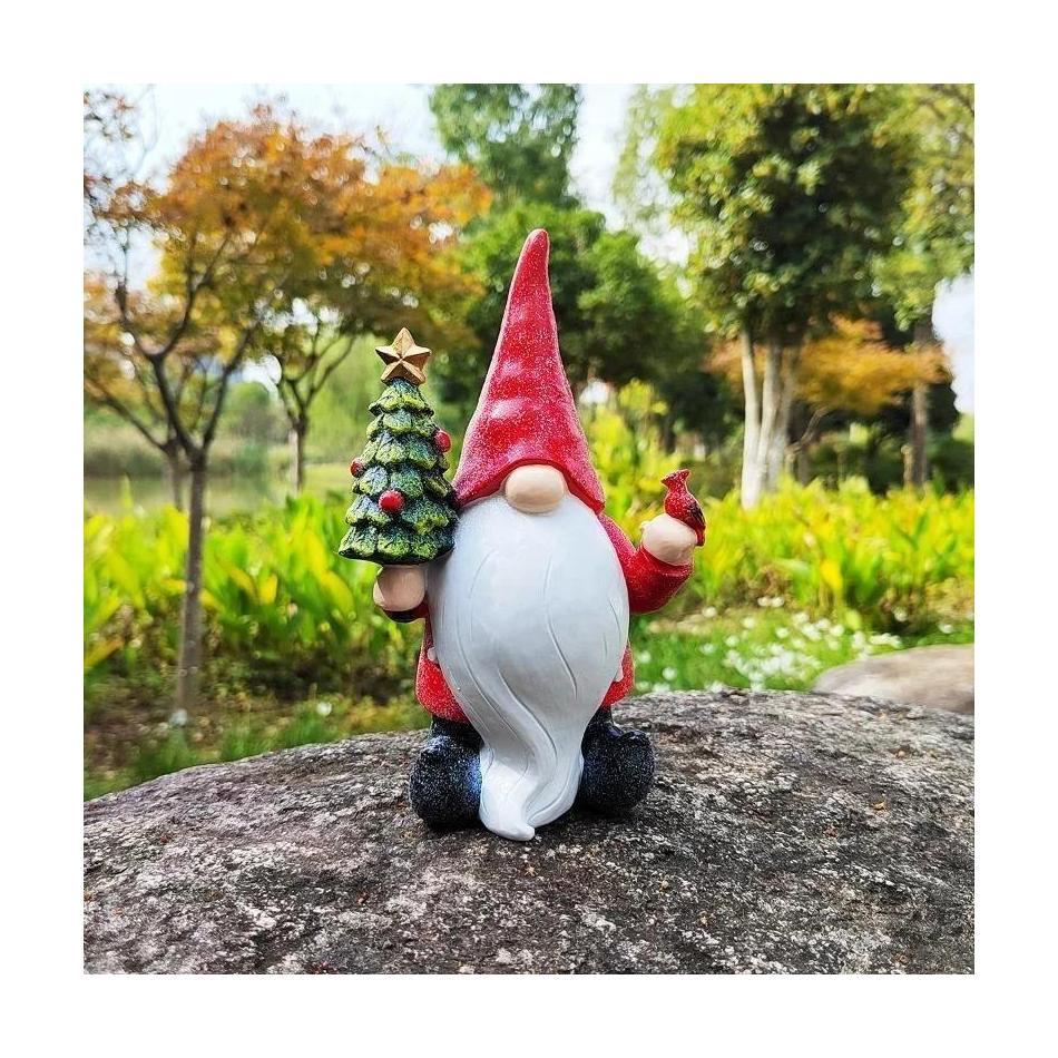 Gnome Holding Christmas Tree Ornaments Garden Microlandscape Decor Resin Crafts Santa Claus Statue Christmas Home Decoration