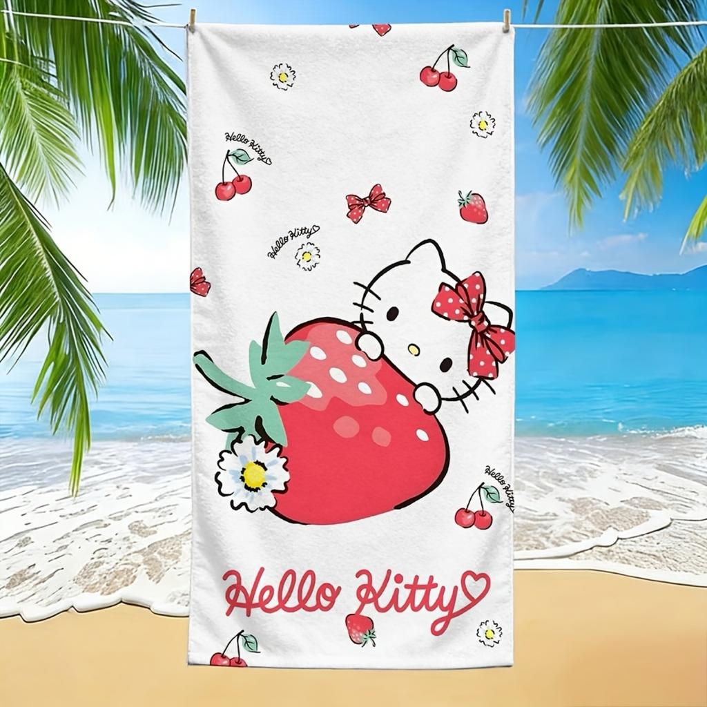 1 шт. Пляжное полотенце Hello Kitty с рисунком клубники, Полиэстер Микрофибра, Идеально для пляжа, плавания, кемпинга, Путешествий, Основные принадлежности
