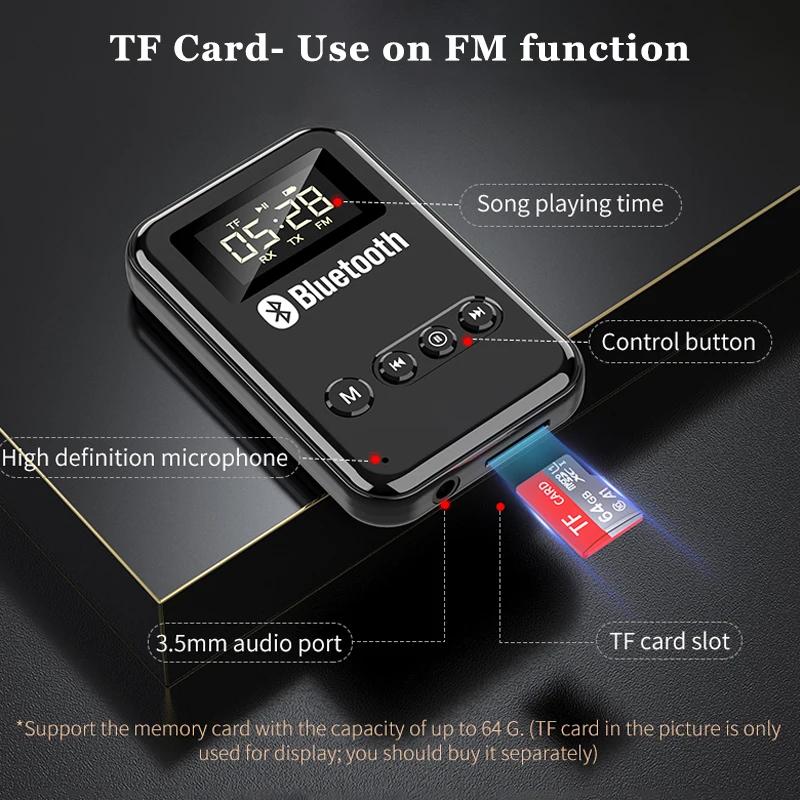 Bluetooth Receiver Transmitter Bluetooth 5.0 Wireless Adapter 3.5mm Jack AUX FM Car Kit Handsfree Call & Mic For PC TV Speaker