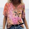 2025 Summer Women's T-shirt Retro Casual V-neck Pullover Short-sleeved Butterfly Print Loose Daily