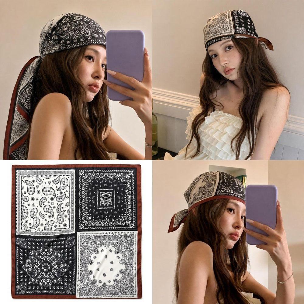 70x70cm Soft Satin Kerchief Retro Print Satin Hair Scarf Silk Square Scarf For Women Ladies