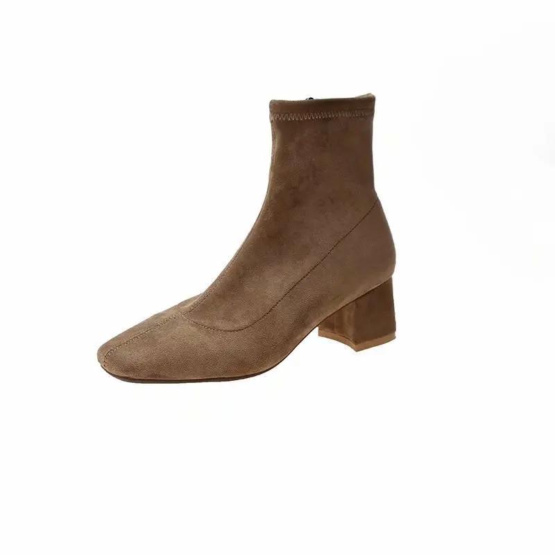 Сапоги для женщин 2024 осень зима новые женские сапоги на толстом каблуке высококачественные мягкие замшевые модные сапоги с боковой молнией Botas Mujer