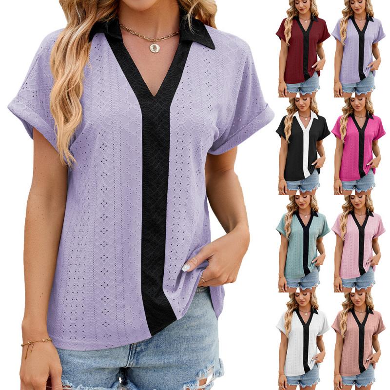 2026 Spring/Summer New V-neck Contrast Color Short Sleeve Loose T-shirt Women's Casual Top
