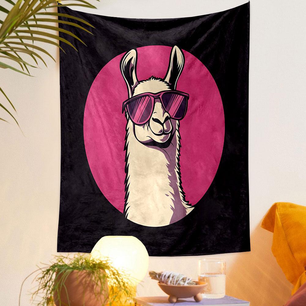 Cool Llama with Pink Sunglasses Patterned Tapestry Decorative Wall Hanging, Home Bedroom Living Room Decor