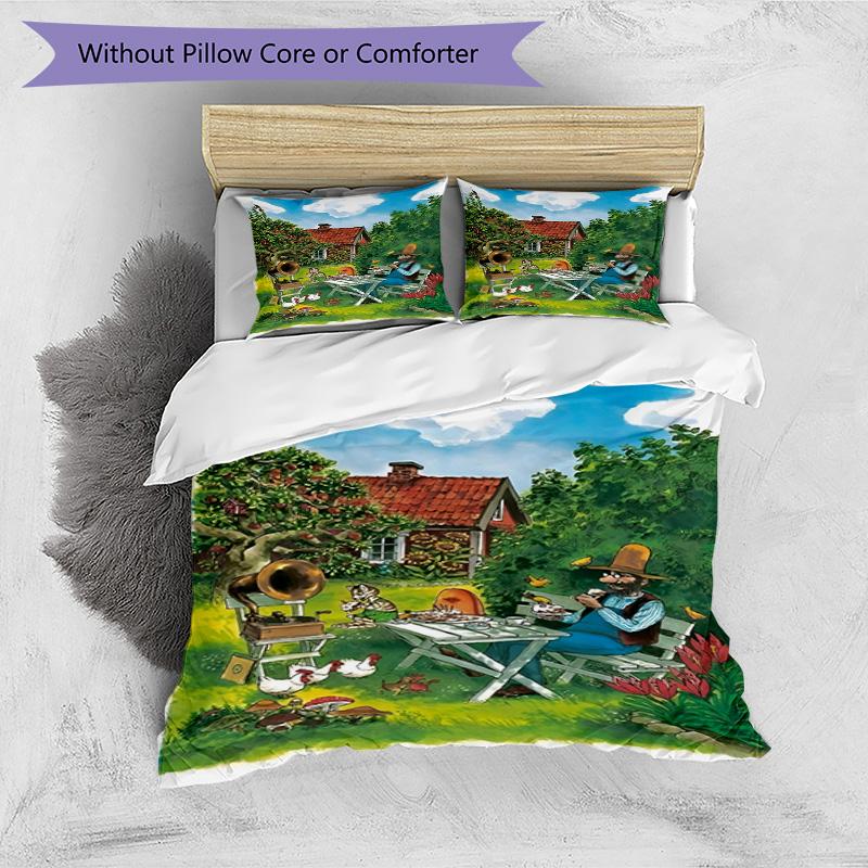 3pcs Duvet Cover Set (1*Duvet Cover + 2*Pillowcase, Without Core), Pettersson und Findus Print Bedding Set, Bedroom Decor, All‑Season, Birthday Gift