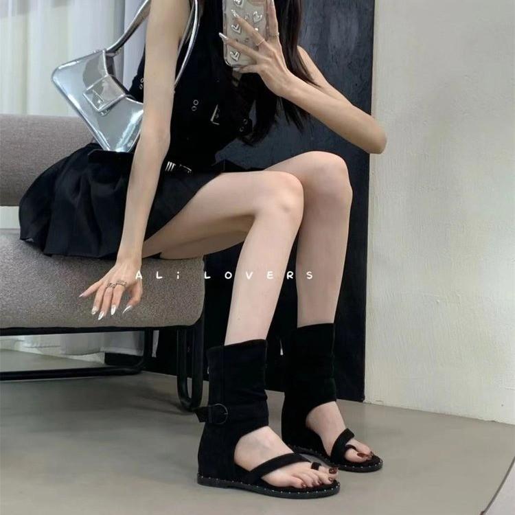 Support Customized Temperament Hollow Toe Herringbone Cool Boots Women's 2025 Summer Versatile Niche Sleeve Comfortable Sandals