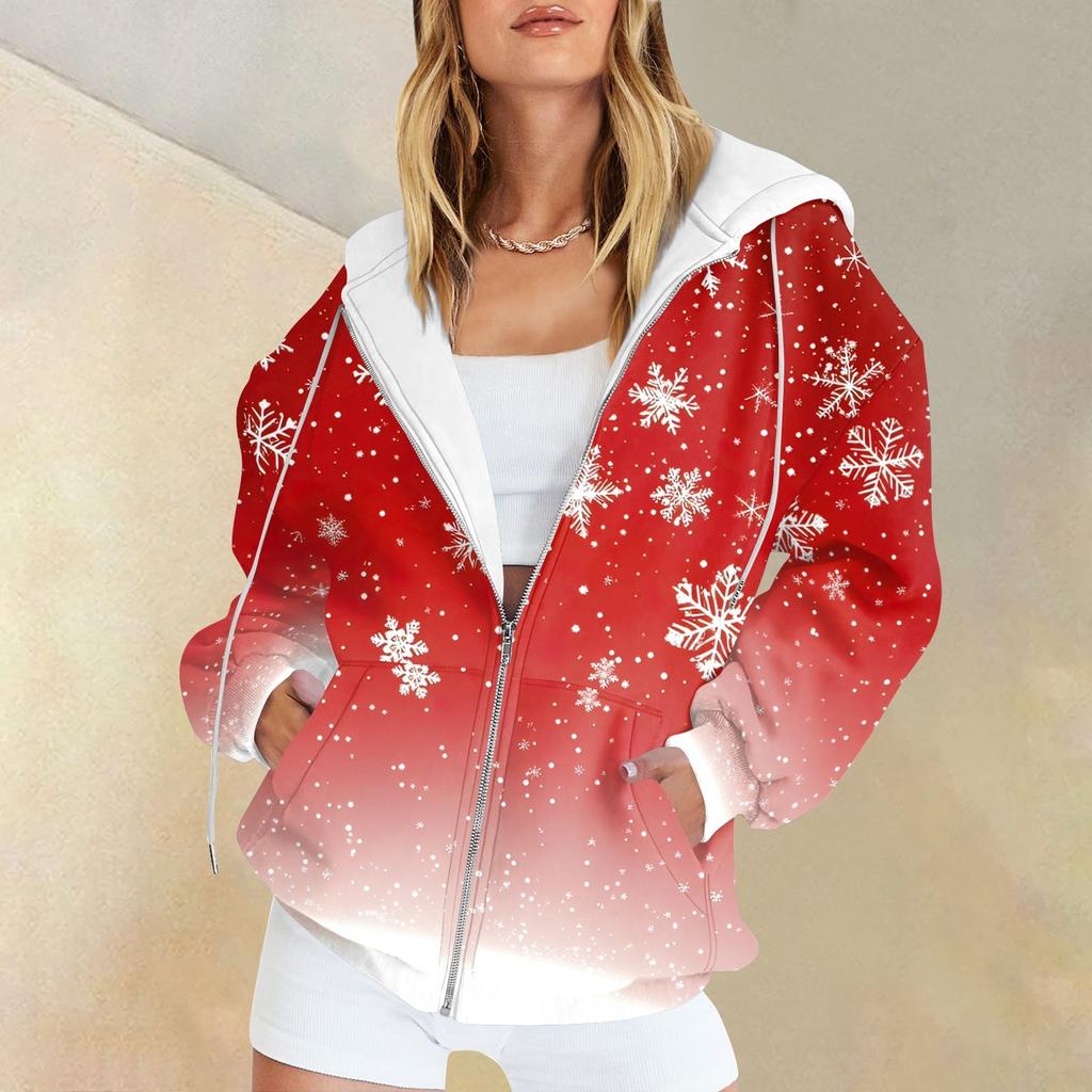 Женская мода повседневная рождественская принтовая толстовка зимняя с длинным рукавом кардиган куртка с карманом на молнии толстовка с капюшоном куртка