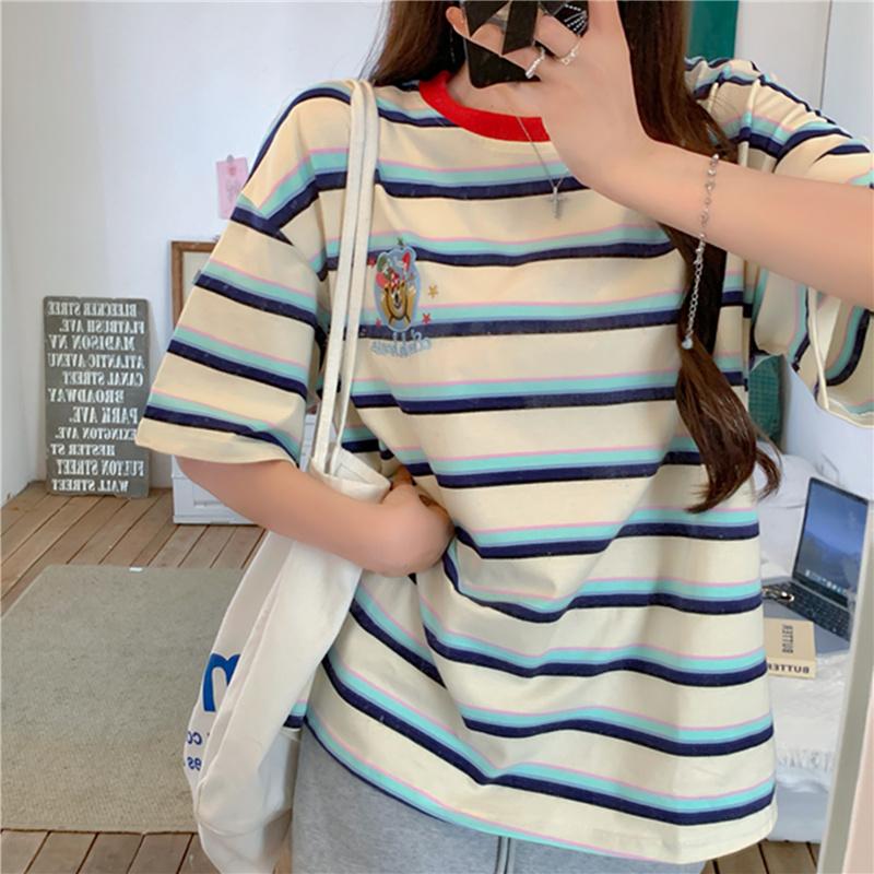 2025 летние простые футболки с коротким рукавом для женщин, модные повседневные свободные базовые футболки в синюю полоску, футболки для студентов в стиле Харадзюку, кавайные, топы для улиц y2k