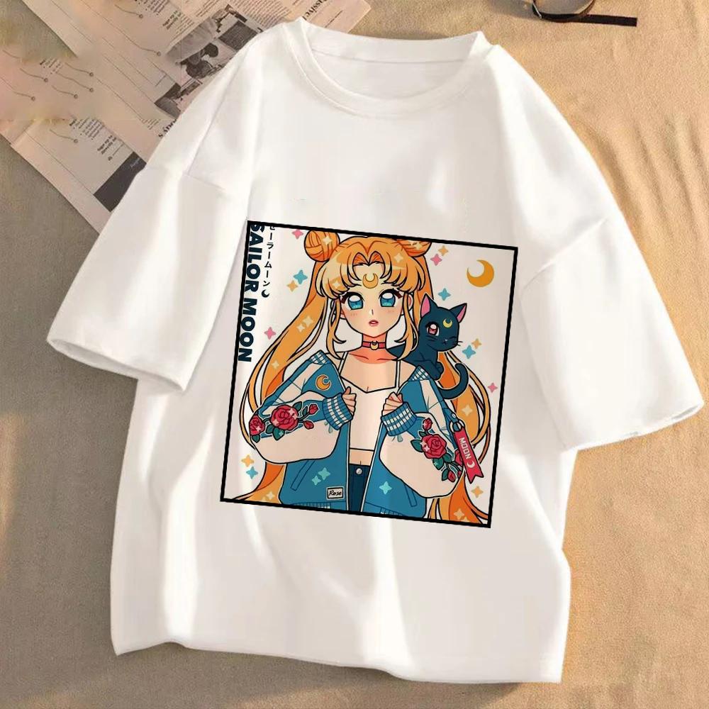 Женская аниме-футболка Sailor Moon, летняя, повседневная, с мультяшным принтом, милая, с круглым вырезом, одежда с коротким рукавом, модные топы, подарок