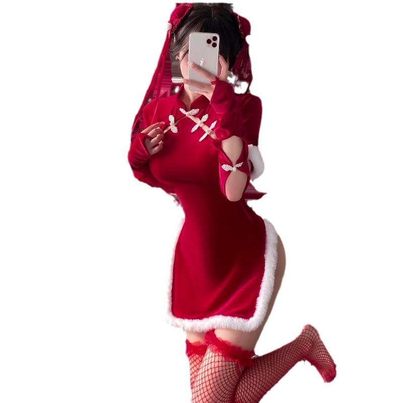 Chinese Style Cheongsam Christmas Cosplay Lingerie Sets Santa Dress Lace Chemises Sleepwear Velvet Nightgowns Porno Bar Uniform