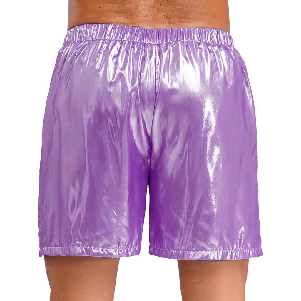 Mens Shiny Boxer Shorts Elastic Waistband Side Pocket Design Loose Fit Glossy Beach Shorts Loungewear