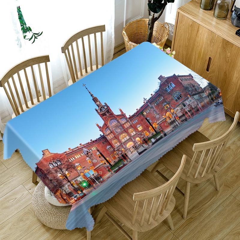 Ancient Castle Building And Fountain Pattern Tablecloth Thicken Cotton Rectangular Round Table Cloth For Wedding Picnic Party