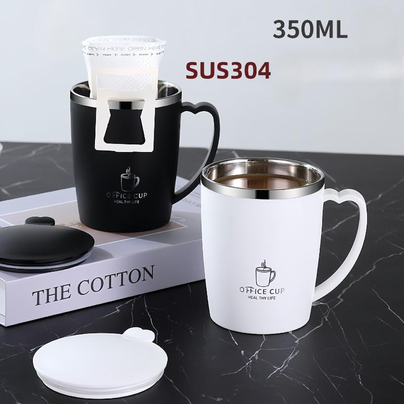 304 Stainless Steel Thermal Double Wall Coffee Cup Heat Insulation Anti-fall Thermos Mug with Cover and Handle Leak-Proof Cups