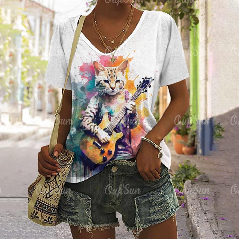 2024 New Women T-Shirt Rockin' Cat Print Top Plus Size Summer Women's Trending Clothing Fashion Short Sleeve Shirt Crew Tee