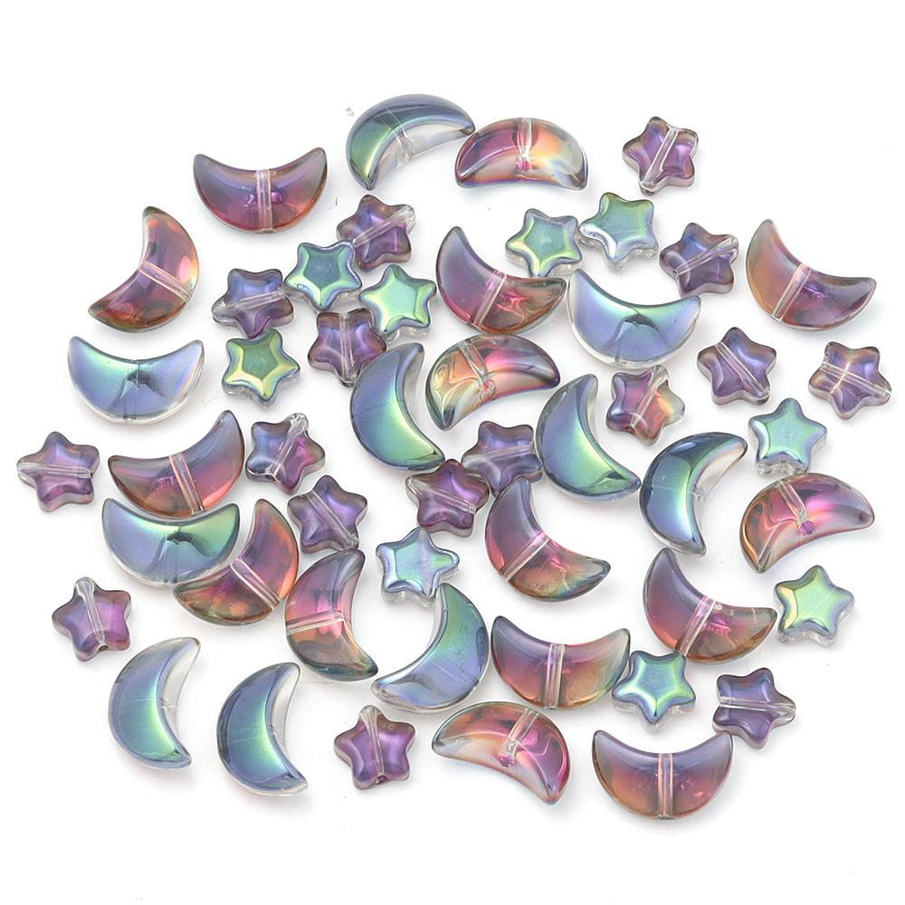 50Pcs Colored Crystal Glass Beads Mixed Star Moon Loose Pendant Beads For DIY Crafts Jewelry Handmade Earring Necklace Accessory
