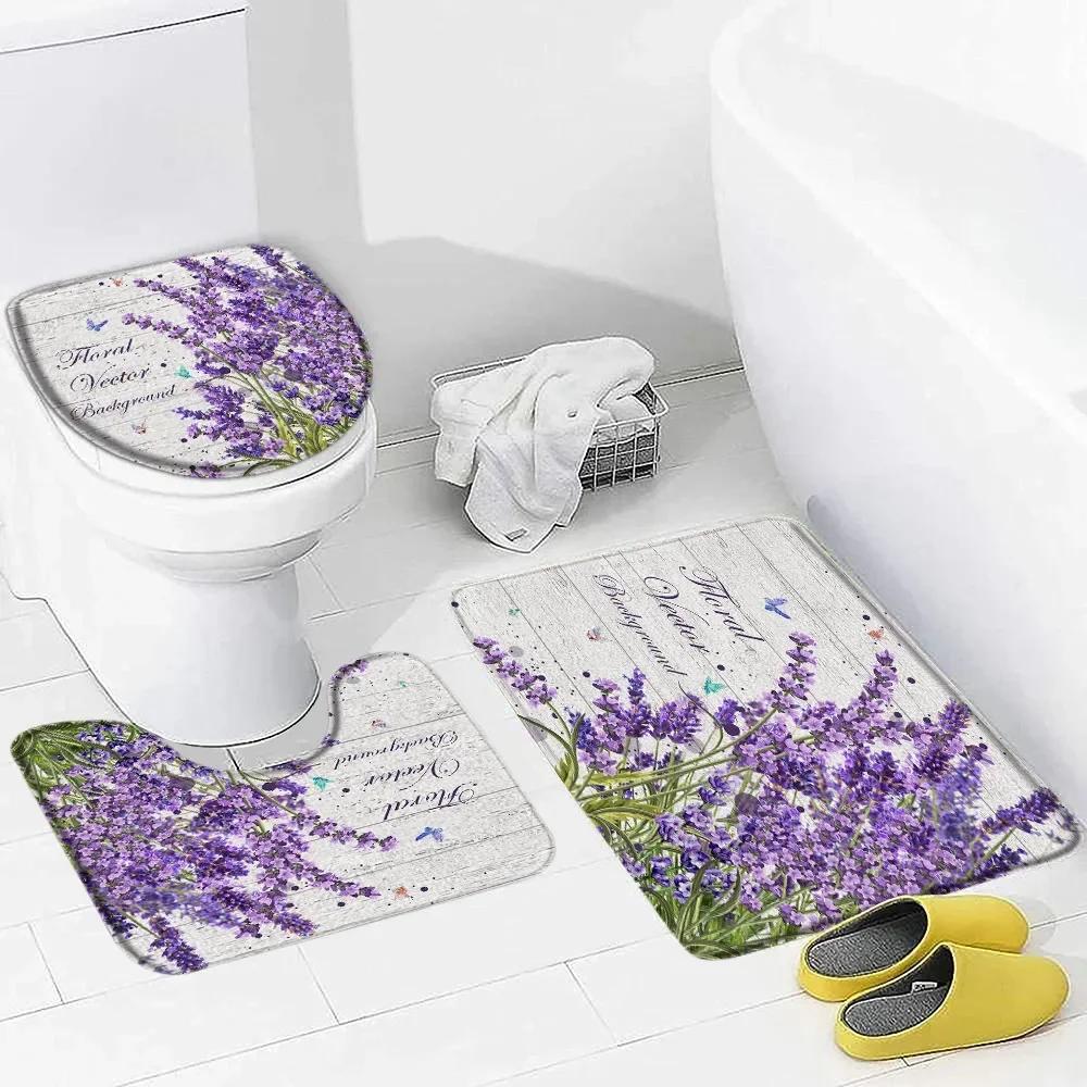 Purple Lavender Bath Mat Set Nature Flowers Plants Butterfly Modern Home Carpet Bathroom Decor Non-Slip Rugs Toilet Lid Cover