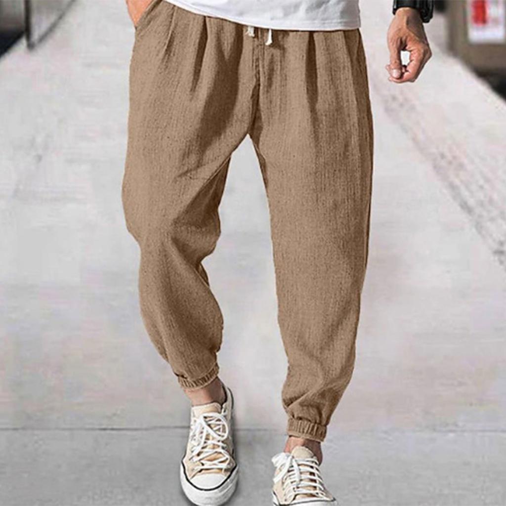 Men's Linen-Cotton Casual Trousers - Elastic Waist Drawstring, Breathable, Ankle-Cuffed Solid Color Pants
