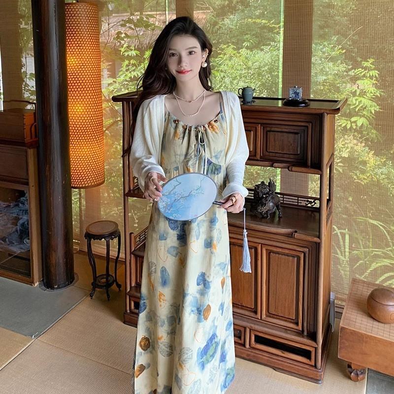 New Chinese Suspender Dress Ink Painting Tie-dye Niche Design Literary Artistic National Style Long Vacation Photo