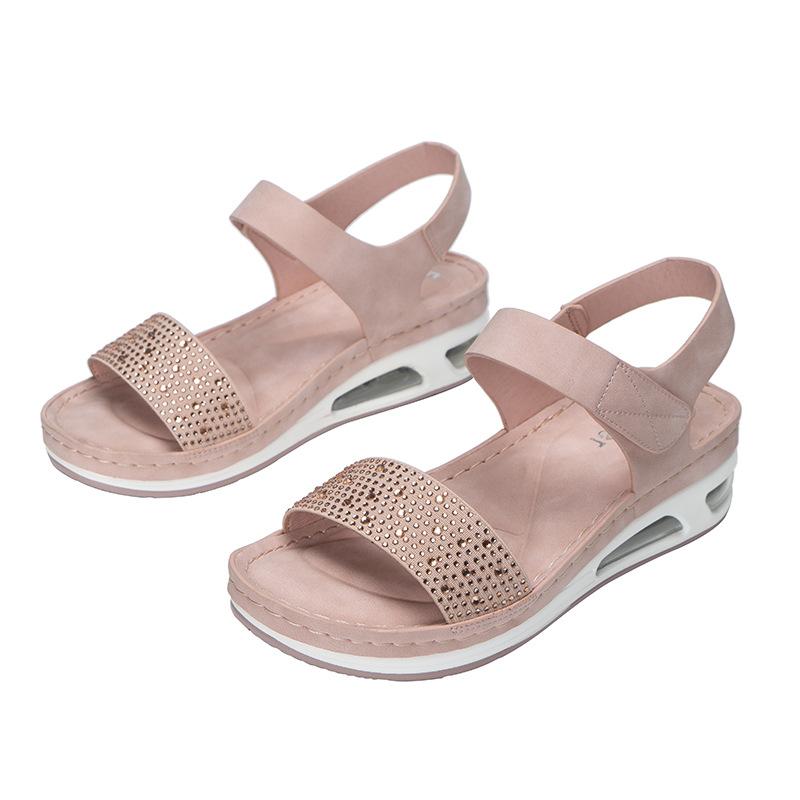 Повседневные сандалии женские 2024 новые, на танкетке, на подошве с воздушной подушкой, сандалии со стразами, женская обувь, сандалии, средний каблук (3см-5см)  Взрослый твердый