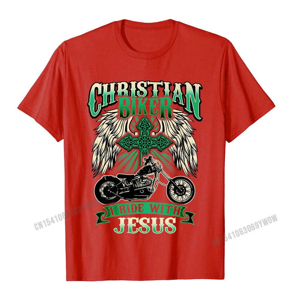 Christian Biker I Ride With Jesus Religious Back Motorcycle Premium TShirt Camisas Unisex Printed Tops Shirt For Unisex Cotton