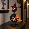 Spooky Halloween Decor Metal Crow Pumpkin Figurine, Wrought Iron Raven Statue with Witch Hat, Scary Ornament LED Candle Holder Lantern for Garden