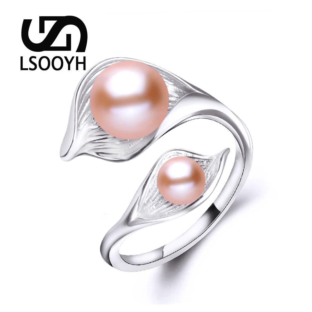 LSOOYH Кольцо с двойным жемчугом и листом, натуральный пресноводный жемчуг, серебряный цвет, регулируемое отверстие в кольце