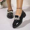 Fashion Luxury Crystal Patent Leather Loafers Women 2025 Autumn Sexy Thick Bottom Medium Heel Office Pumps Solid Black Dress Shoes Lady