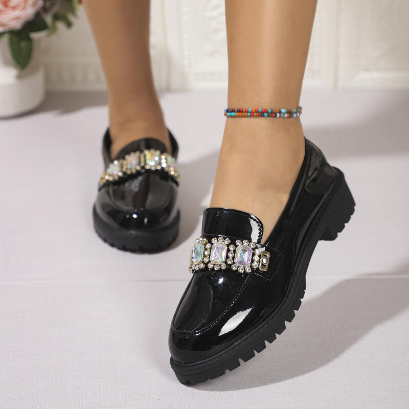 Fashion Luxury Crystal Patent Leather Loafers Women 2025 Autumn Sexy Thick Bottom Medium Heel Office Pumps Solid Black Dress Shoes Lady