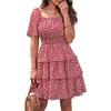 Women's Floral Summer Short Dress Square Neck Short Sleeve Layered Pleated Boho Pendulum Skirt