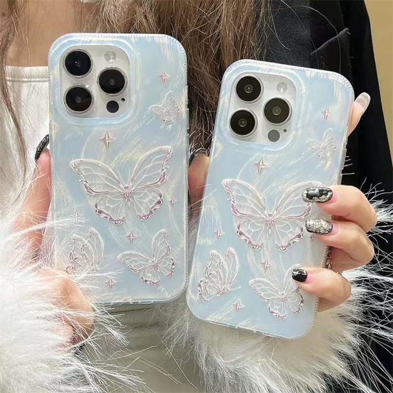 Корейский чехол для телефона с лазерным рисунком ракушки и перьями бабочки для iPhone 15 13 Pro Max 14 Pro 12 11, роскошный блестящий чехол