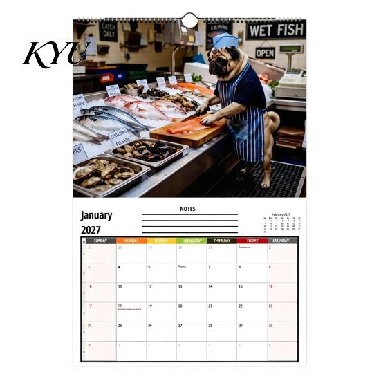 Home Study Room Decoration 2027 Pugs Working Wall Calendar, Funny Dog Hanging Calendar 12 Monthly Planner with Unique Illustrations for Office
