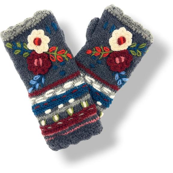 Ella Sussman Hand Knit Fingerless Embroidered 2 Flower Gloves Embroidered Wool Fleece Lined Texting Mittens Arm Warmers