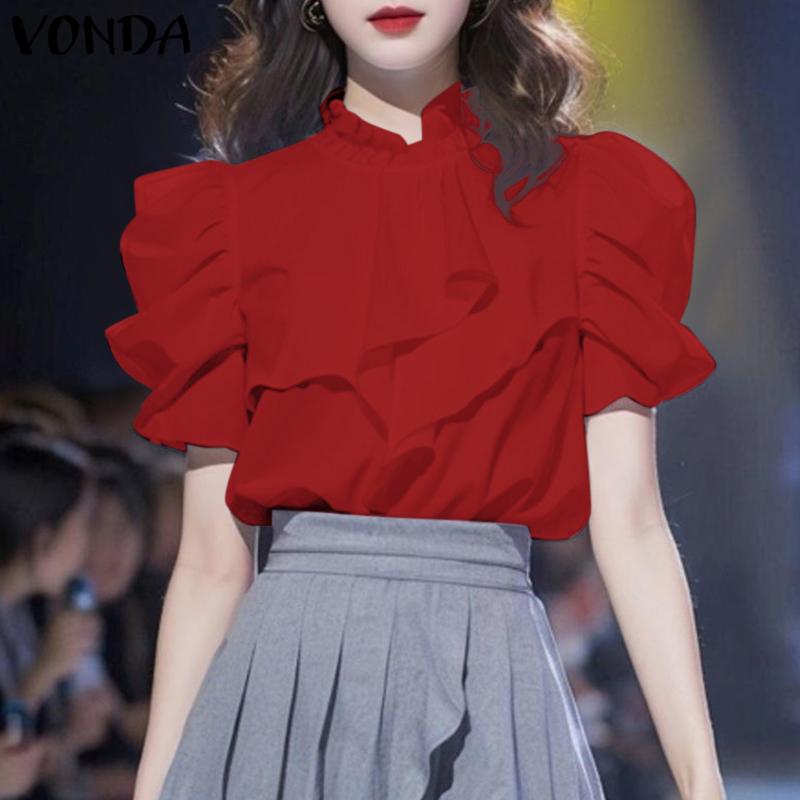 VONDA Женские летние однотонные блузки с воротником-стойкой и коротким рукавом с оборками