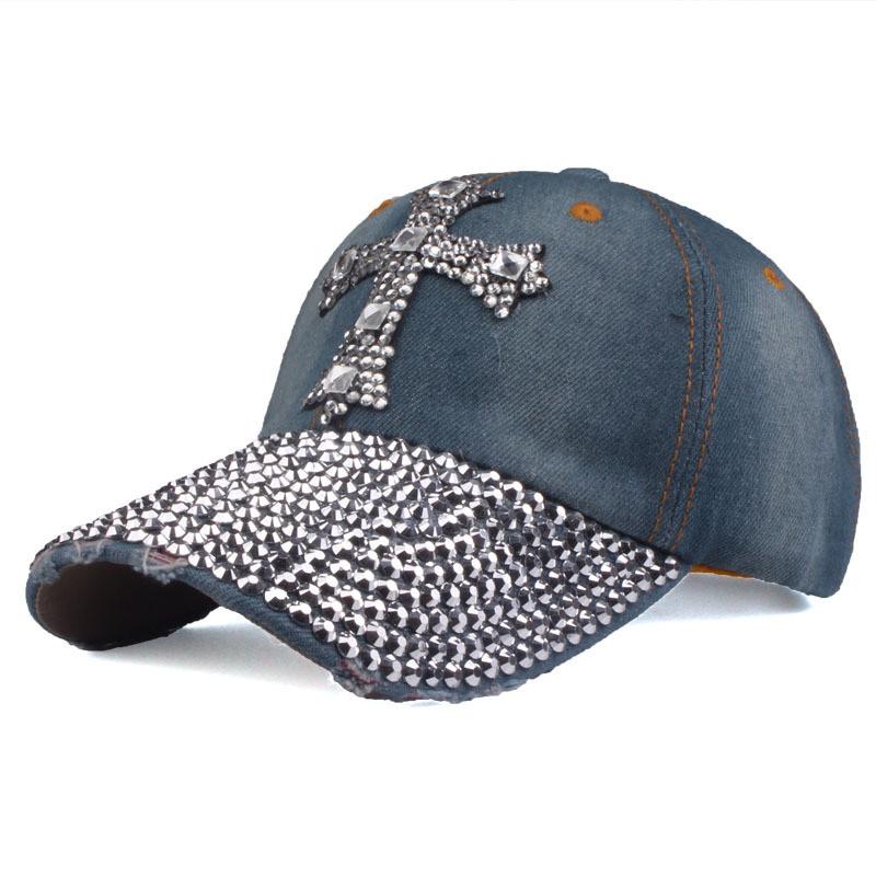 Бейсболки с буквой и стразами Новая мода Кепка-snapback Женская Мужская Блестящая с крестом и стразами Джинсовая бейсболка
