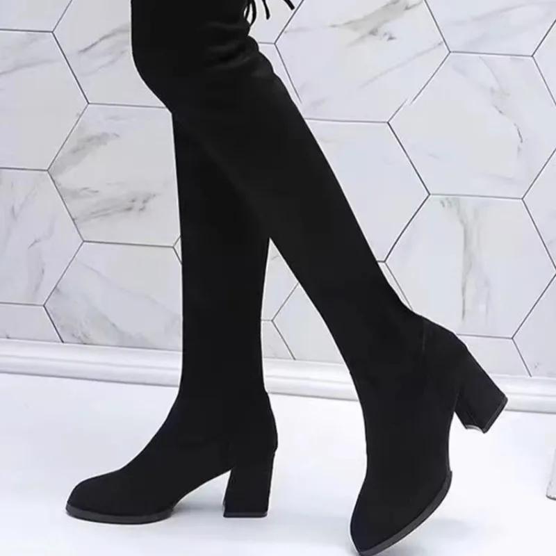 Модные осенние женские сапоги выше колена на толстом каблуке, новые высокие сапоги до бедра для женщин, туфли на каблуке, вечерние женские сапоги
