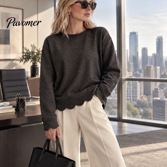 Daily Wear Sweatshirt Women Crewneck with Scalloped Hem, Solid Color Long Sleeve Autumn Top Hem Pullover Top, Drop Shoulder Casual Blouse for