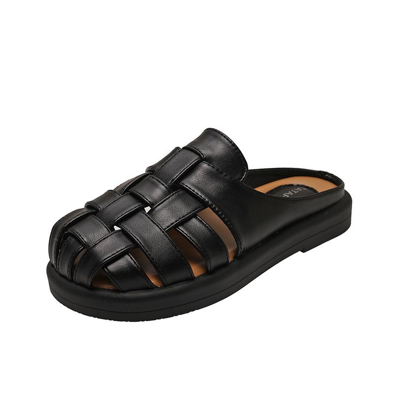 Модные женские тапочки Летние с закрытым носком Плетеные с вырезами Мюли Ретро Уличные Удобные Сандалии на мягкой подошве Сандалии Женские