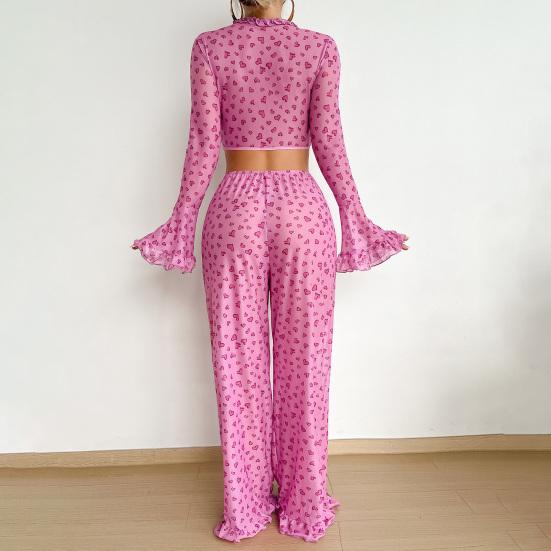 Женский пижамный комплект на День святого Валентина, сексуальный, с принтом сердечек, с оборкой по низу, 2 предмета, для отдыха