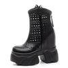 Fashion 12CM Ankle Booties Chimney Shoes Cow Genuine Leather Boots Women Motorcycle Platform Wedge Summer Ladies Fashion Moccasins