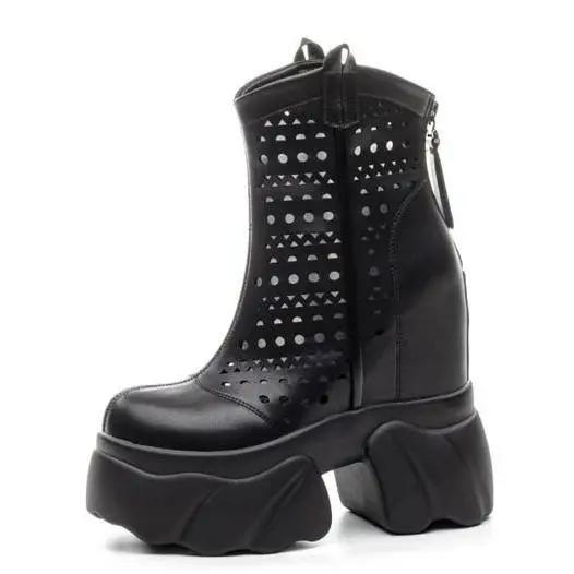 Fashion 12CM Ankle Booties Chimney Shoes Cow Genuine Leather Boots Women Motorcycle Platform Wedge Summer Ladies Fashion Moccasins