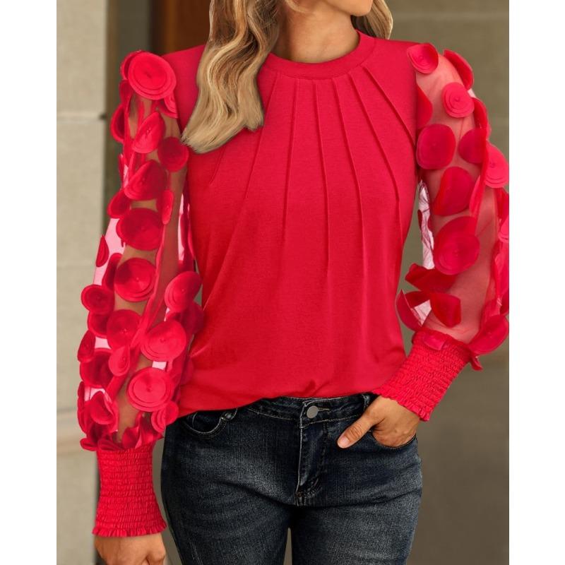 YYFS Women's Fashion Casual Spring Fall Solid Color Print Long Sleeve O-Neck Blouses & Shirts