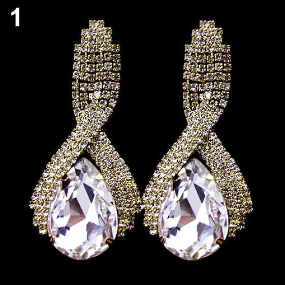 Women Sparkling Rhinestone Luxury Waterdrop Golden Tone Drop Studs Earrings MIT