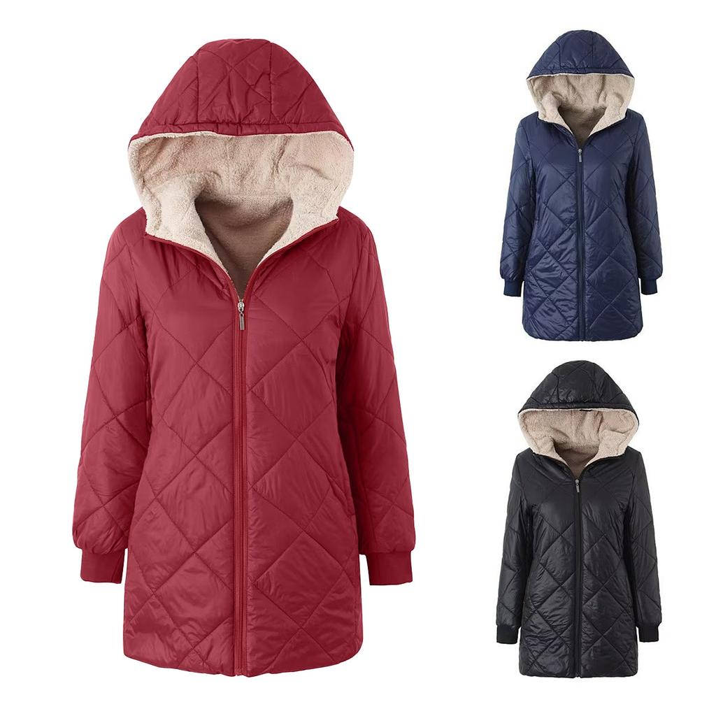 Women's Coat Solid Color Lambfleece Glossy Geometric Check Hooded Zipper Mid-length Cotton Jacket