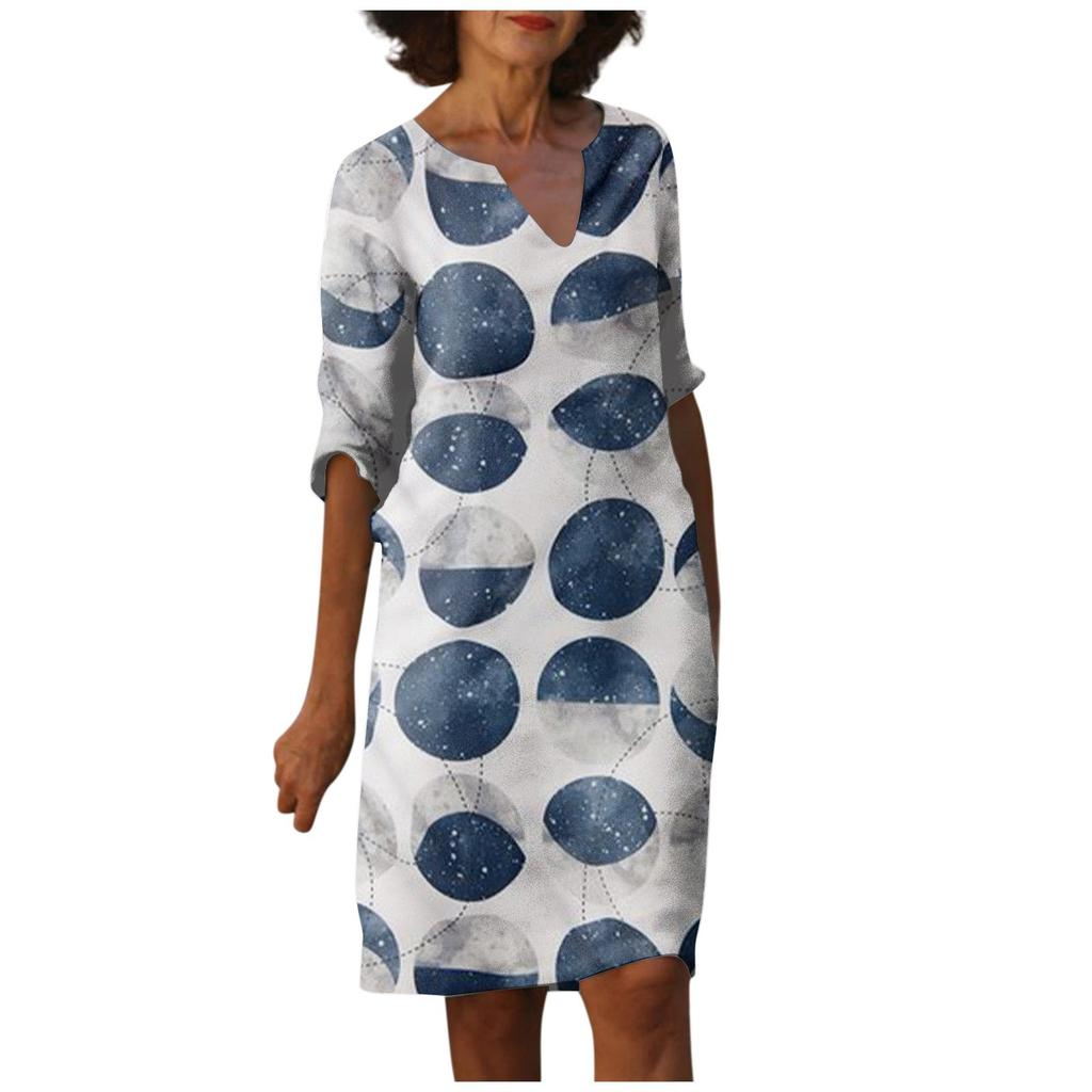 Women's Summer Vintage Print V-neck Half-sleeve Dress Light Breathable Dress